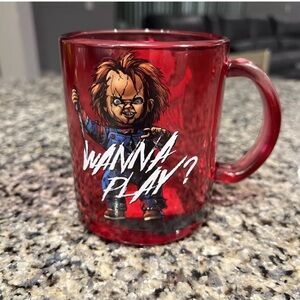 Chucky Child's Play Wanna Play? 17.5 oz Red Glass Coffee Mug Cup Horror Movie